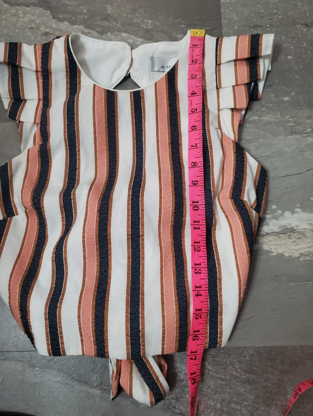 Adelyn Rae Striped Ruffle Open-Back Tie-Front Crop Top in Pink, Navy & White. S. - Picture 9 of 9